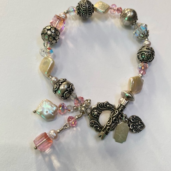 Tres Jolie Pale Pink Crystal Pearl Sterling Silver Bali Beads Toggle Bracelet - Picture 2 of 12